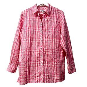 Foxcroft Button Down Shirt Crinkle Pink White Plaid Women's Size 10 Stretch L/S